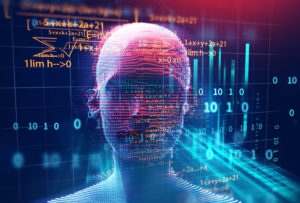 3d rendering of human on geometric element technology background represent artificial intelligence and cyber space concept